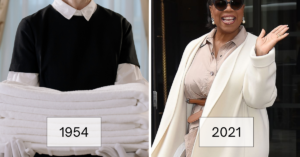 maid on the left holding towels and cropped image of Oprah n the right waving