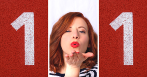 Number 1  on red background split by image of woman blowing kiss