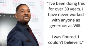 split image with will smith on left and quote by tony on his generosity the right