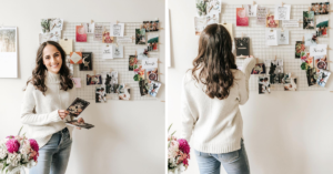 woman smiles as she adds images to her vision board