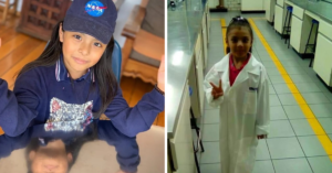 split image of ahara in nasa cap and in lab coat