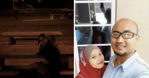 split image of woman at par bench and couple taking selfie