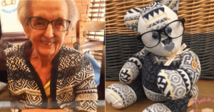 split imagesof elderly woman smiling in glasses and cardigan and her memory bar