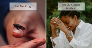 hand with frog on the left and woman smiling hile wearing watch on the right