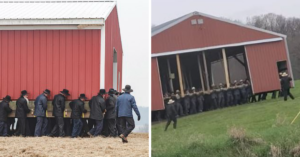 Amish people carry barn 