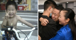 kid on bike on left and parents hugging son on the right