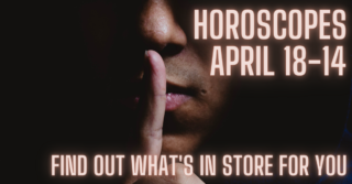 man puts his finger up to his lips and text about horoscopes